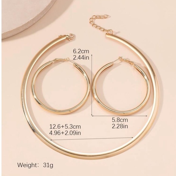 Gold Collar Torques Choker Earrings Hoop Matching Set - Picture 3 of 3